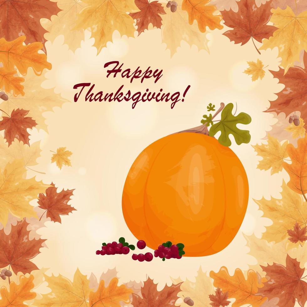 A Thanksgiving greeting card. Autumn leaves, pumpkin and cranberries on a beige background. vector