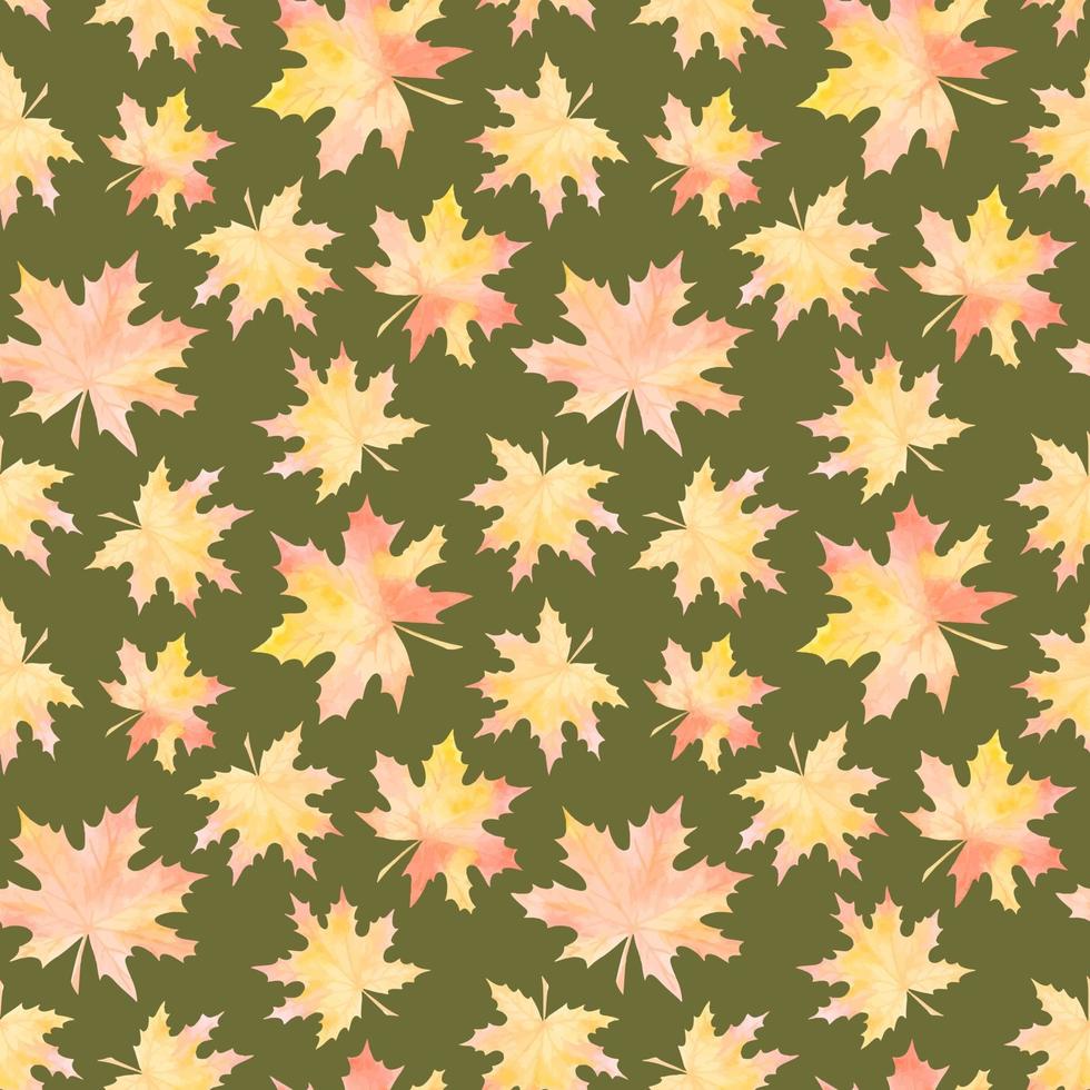 OLIVE VECTOR SEAMLESS PATTERN WITH WATERCOLOR YELLOWING MAPLE LEAVES