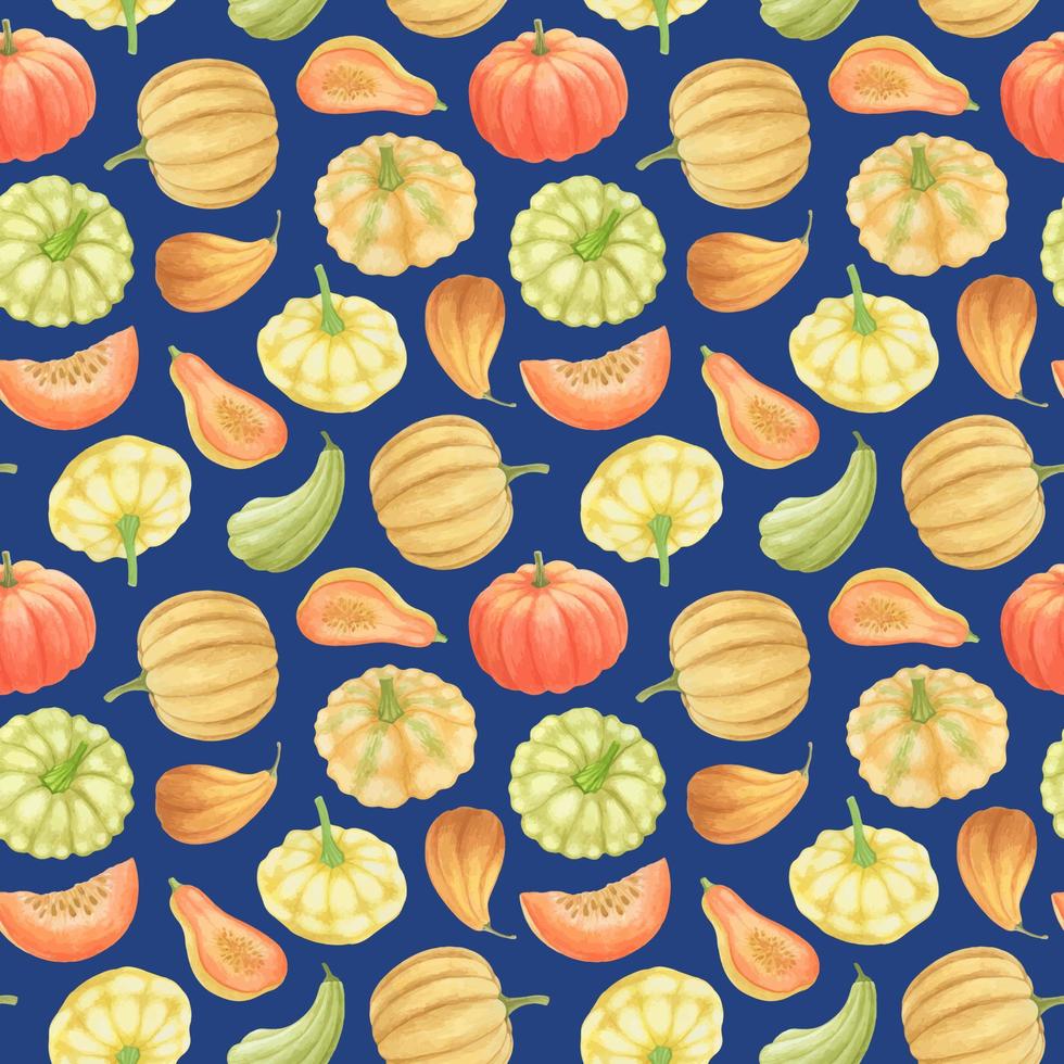 BLUE VECTOR SEAMLESS PATTERN WITH MULTICOLORED WATERCOLOR PUMPKINS