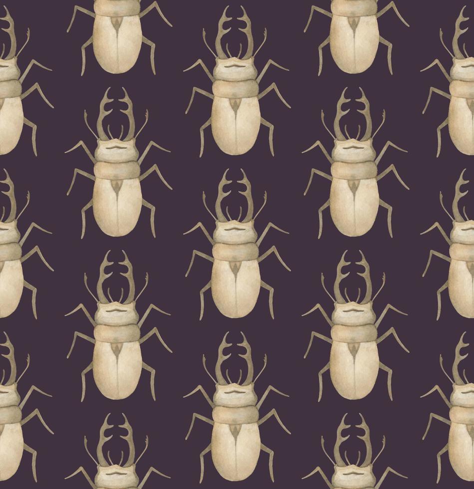 PURPLE VECTOR SEAMLESS PATTERN WITH WATERCOLOR RHINOCEROS BEETLES