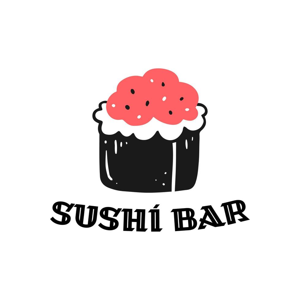 Baked roll with sushi bar text. The concept logo of a sushi bar, Asian fast food. Vector isolated illustration of Japanese cuisine.