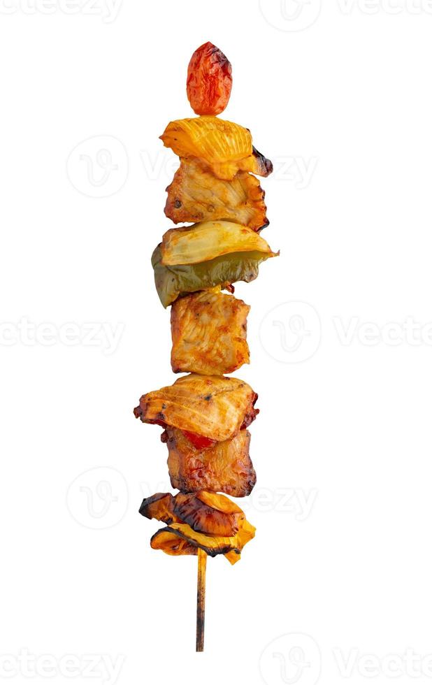 Grilled pork skewer and vegetables barbecue isolated on white background photo