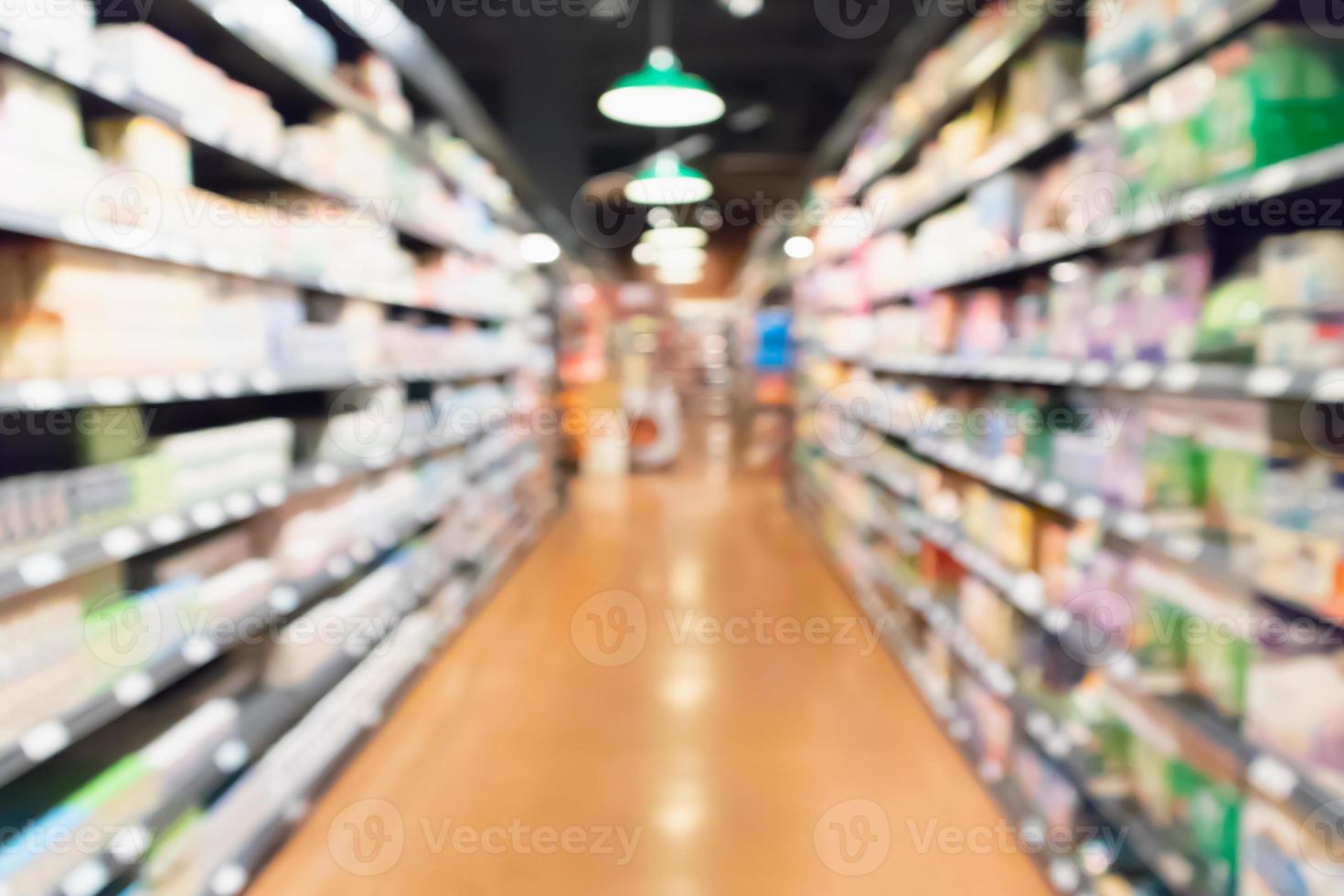 supermarket aisle and product shelves abstract blur defocused background photo