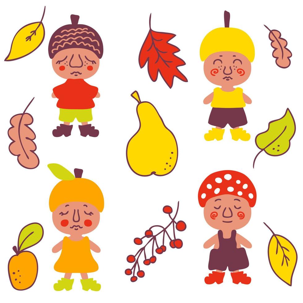 Fruit gnomes and autumn elements clipart collection. vector