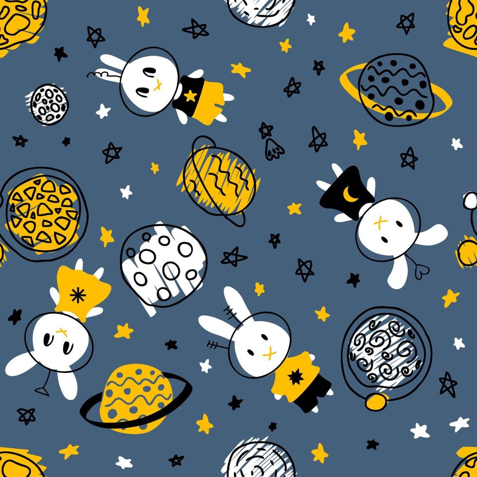 Night seamless pattern with rabbits cosmonauts discover universe. Perfect print for tee, textile and fabric. vector