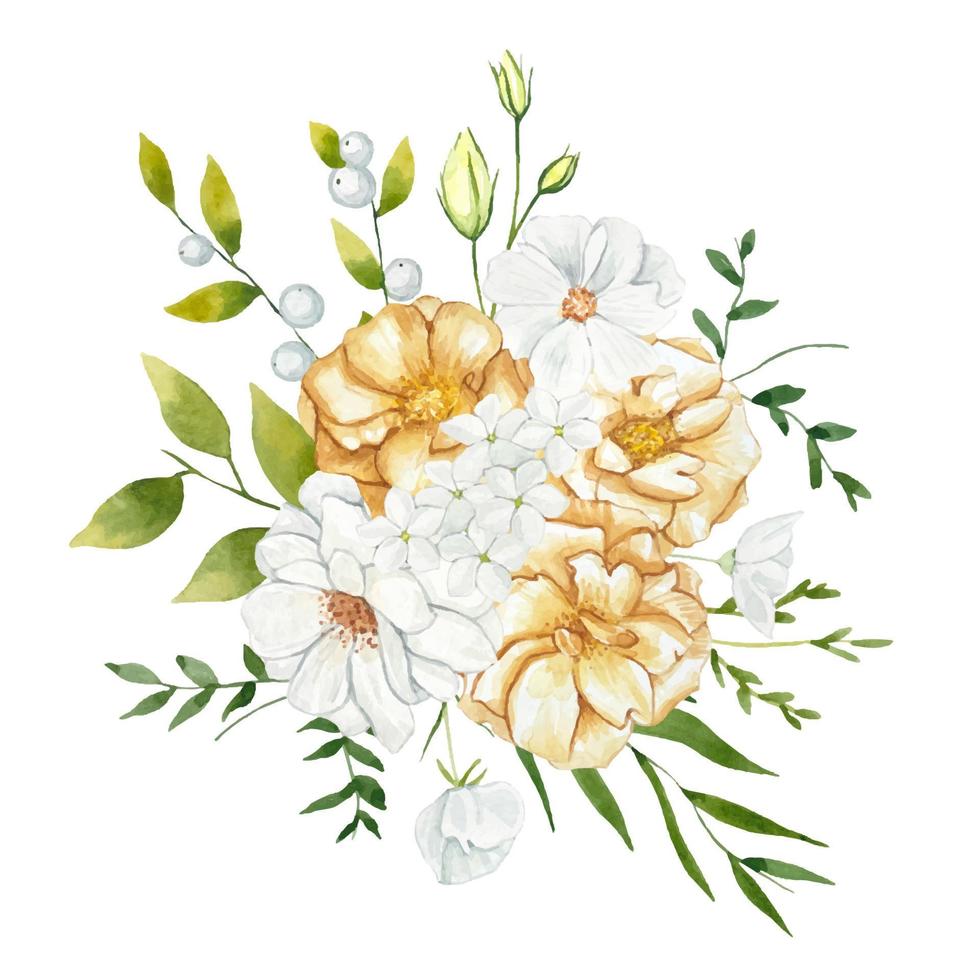 Bouquet of beige and white flowers with green leaves vector