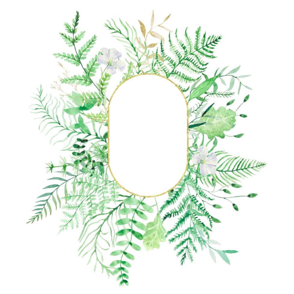 Watercolor round frame  of forest leaves, fern leaves. vector