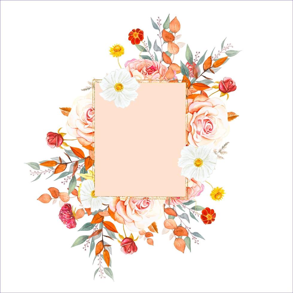 Autumn leaves anf flowers watercolor hand painting frame background vector