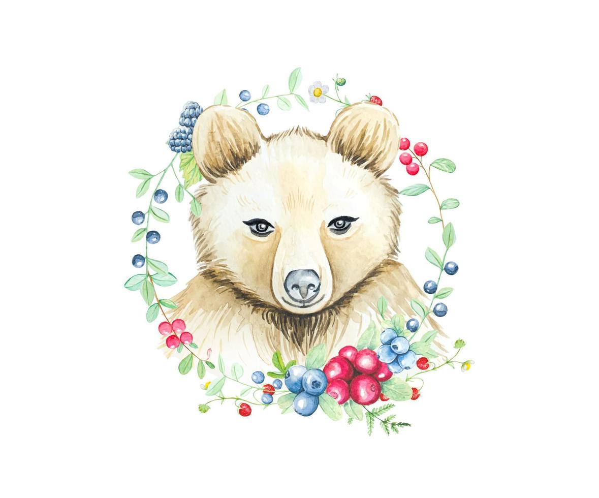 Cute bear and berry wreath. watercolor illustration vector