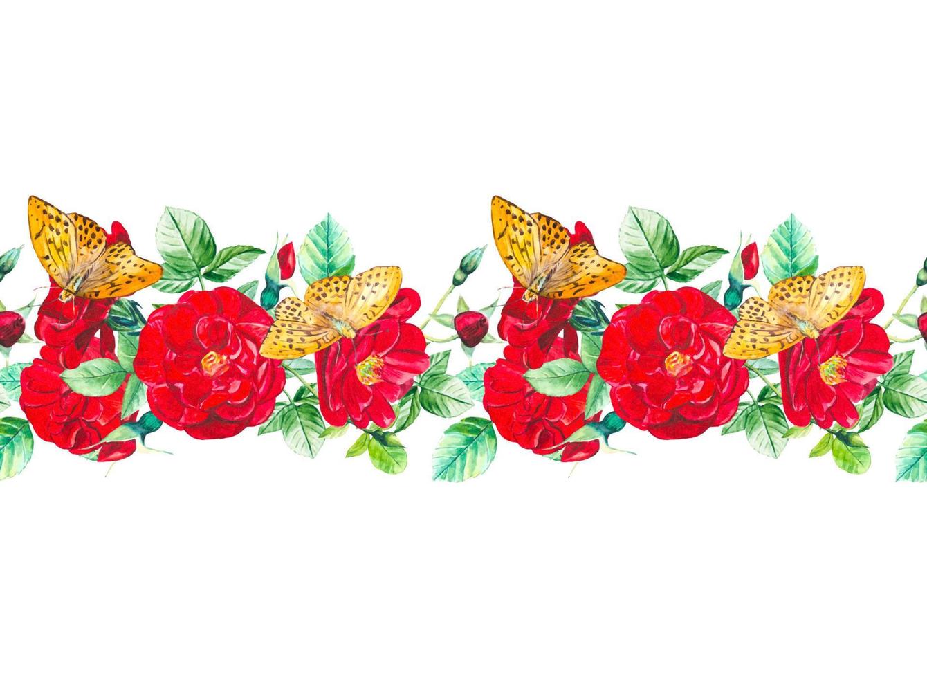 Seamless border of red rose buds and orange butterflies. vector