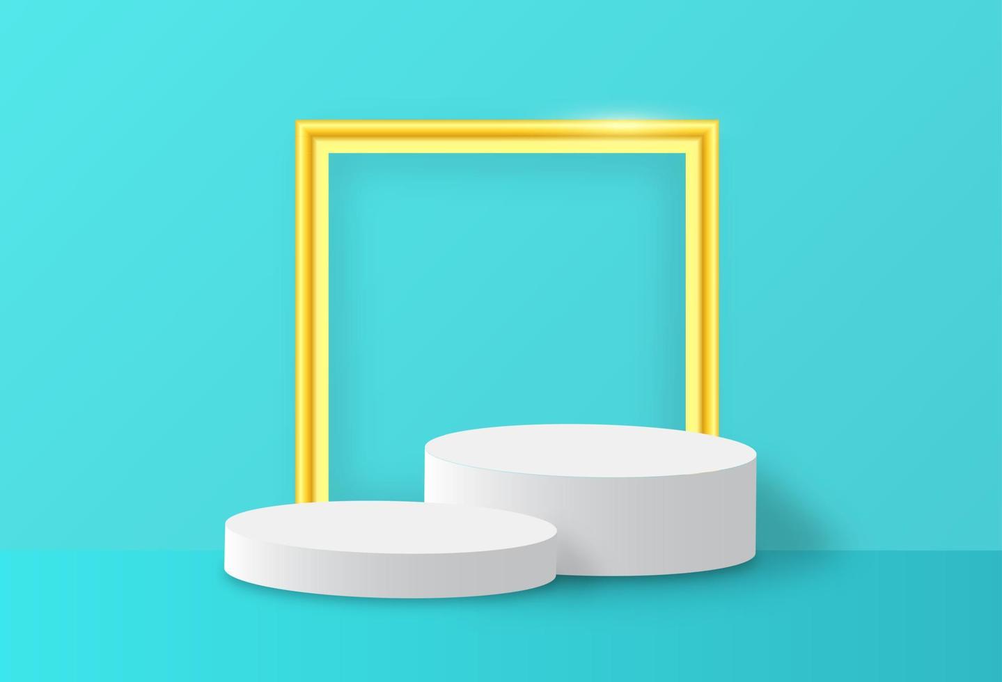 Geometric podium platform with golden frame. Commercial pedestal in green pastel background. vector