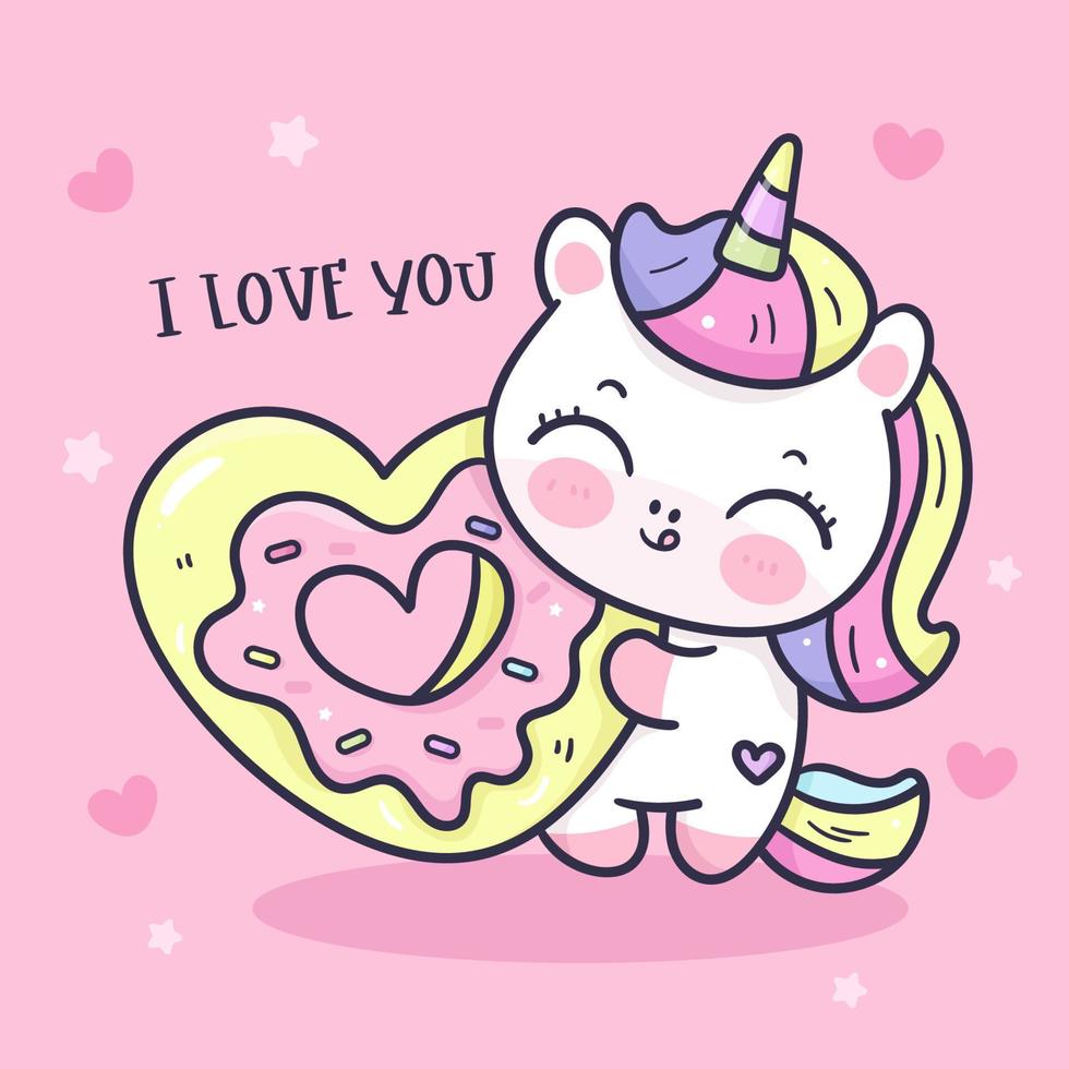 lindo unicornio abrazo corazón donut kawaii dibujos animados vector