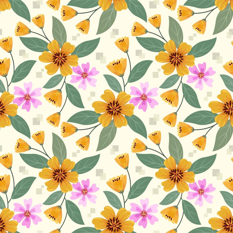 Colorful hand draw yellow and pink flowers pattern. vector