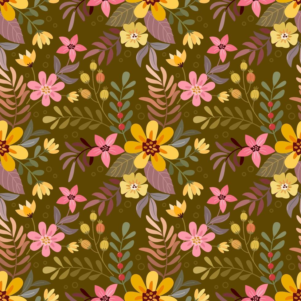 Colorful hand draw flowers on brown pattern. vector