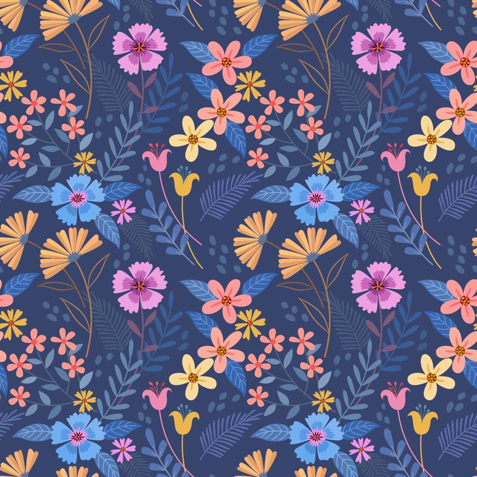 Colorful hand draw flowers on blue color seamless pattern vector