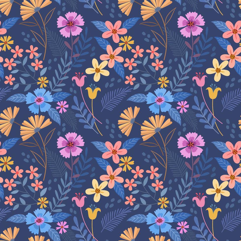 Colorful hand draw flowers on blue color seamless pattern vector