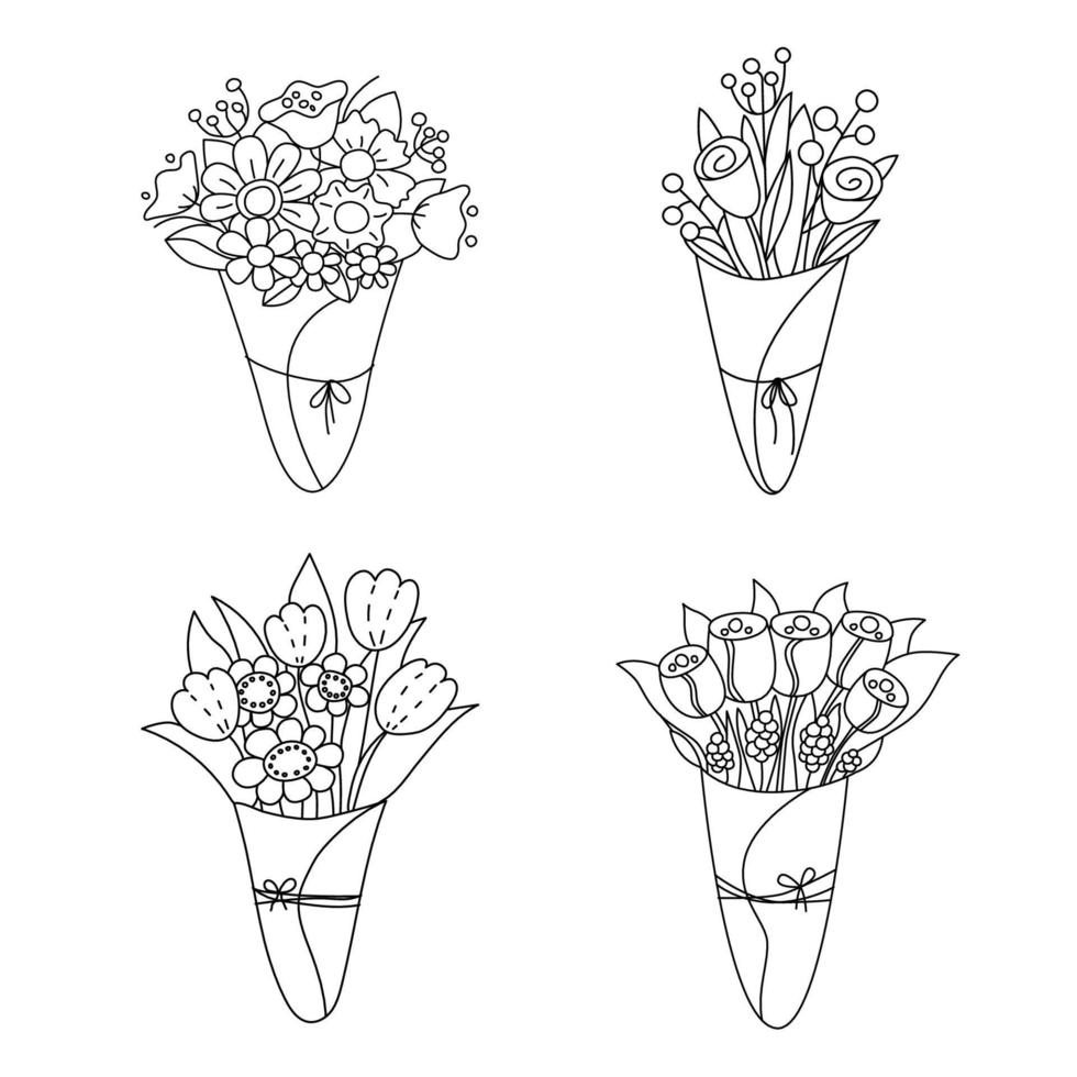 Flower bouquet. Vector line art illustration of sketch of flowers. Print design, post card