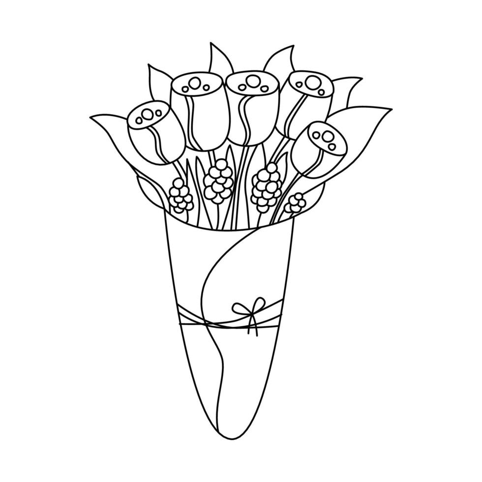 Flower bouquet. Vector line art illustration of sketch of flowers. Print design, post card, invitation, wedding, flower shop. Abstract, trendy, minimal, tender. Women's Day greeting card