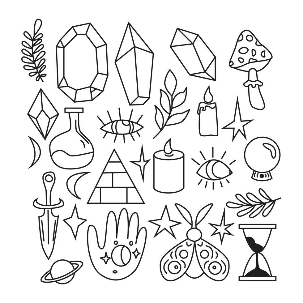 Set with celestial elements, evil eye, candles, mushrooms, crystals.Vector isolated mystical illustration.Doodle esoteric, boho mystical hand drawn elements.Perfect for posters, tattoo, textile, cards vector