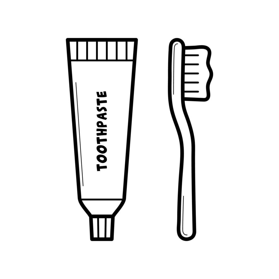 Toothpaste and toothbrush. Teeth brushing, hygiene and dental health concept. Doodle sketch scribble style. Vector illustration isolated on white background.