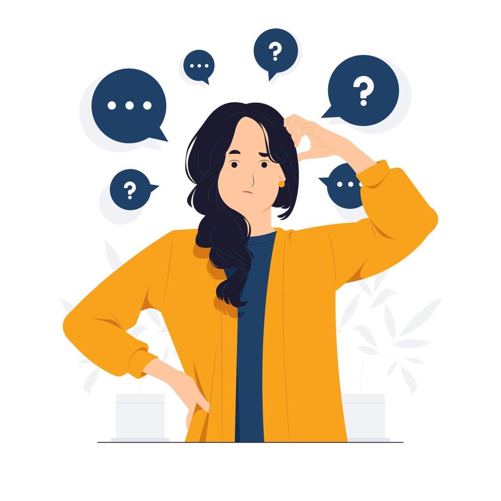 Thinking woman feeling confused holding mobile phone with question mark looking up with thoughtful focused expression concept illustration vector