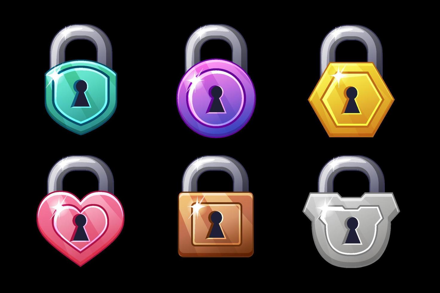 Game icon multicolored metal closed lock shapes square round and hearts. vector