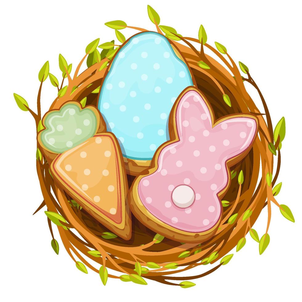 Nest with cute bunny, carrot, egg biscuit cookies. vector