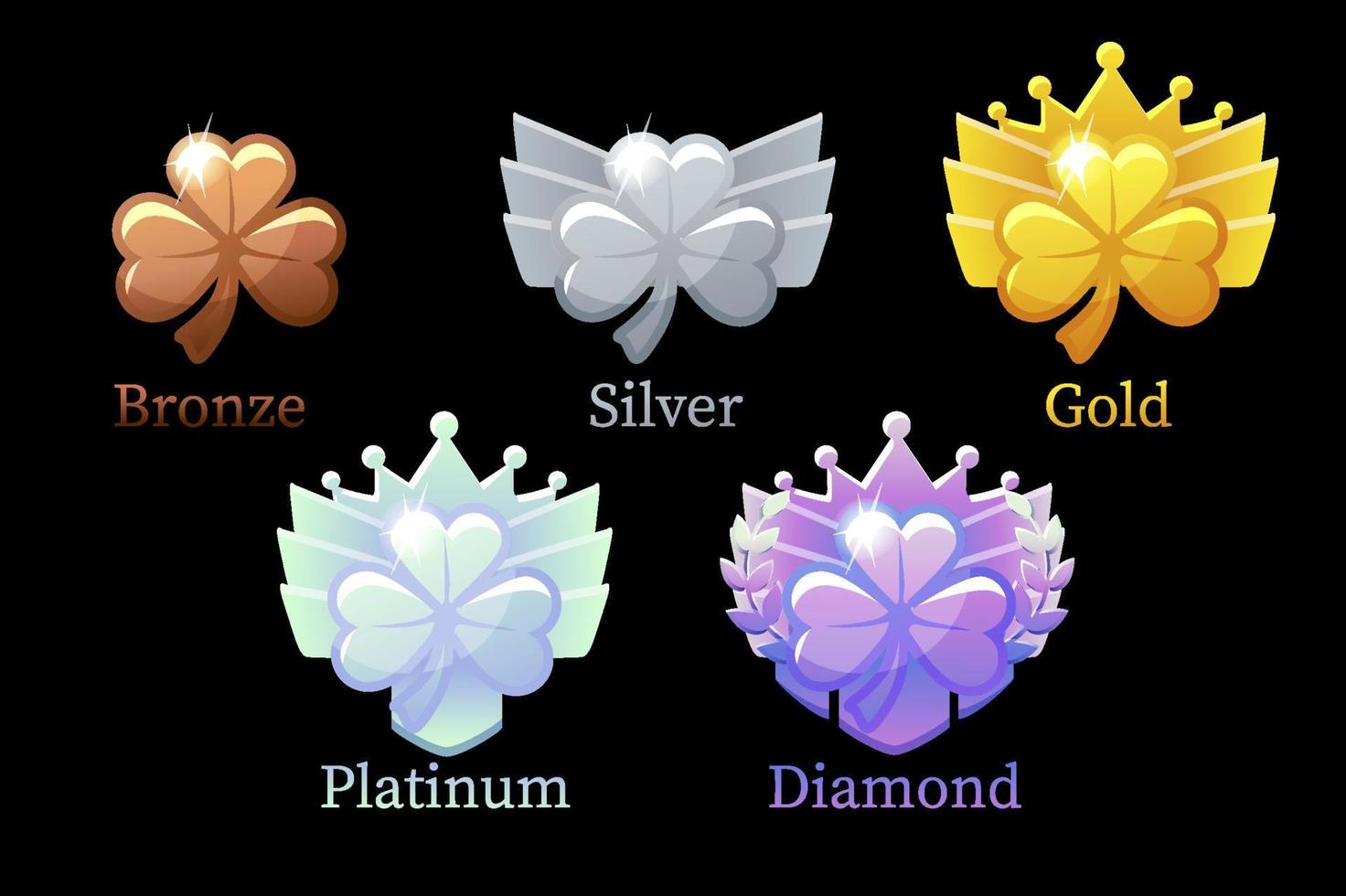 Rewards, gold, silver, platinum, bronze, diamond Irish clover for game. vector