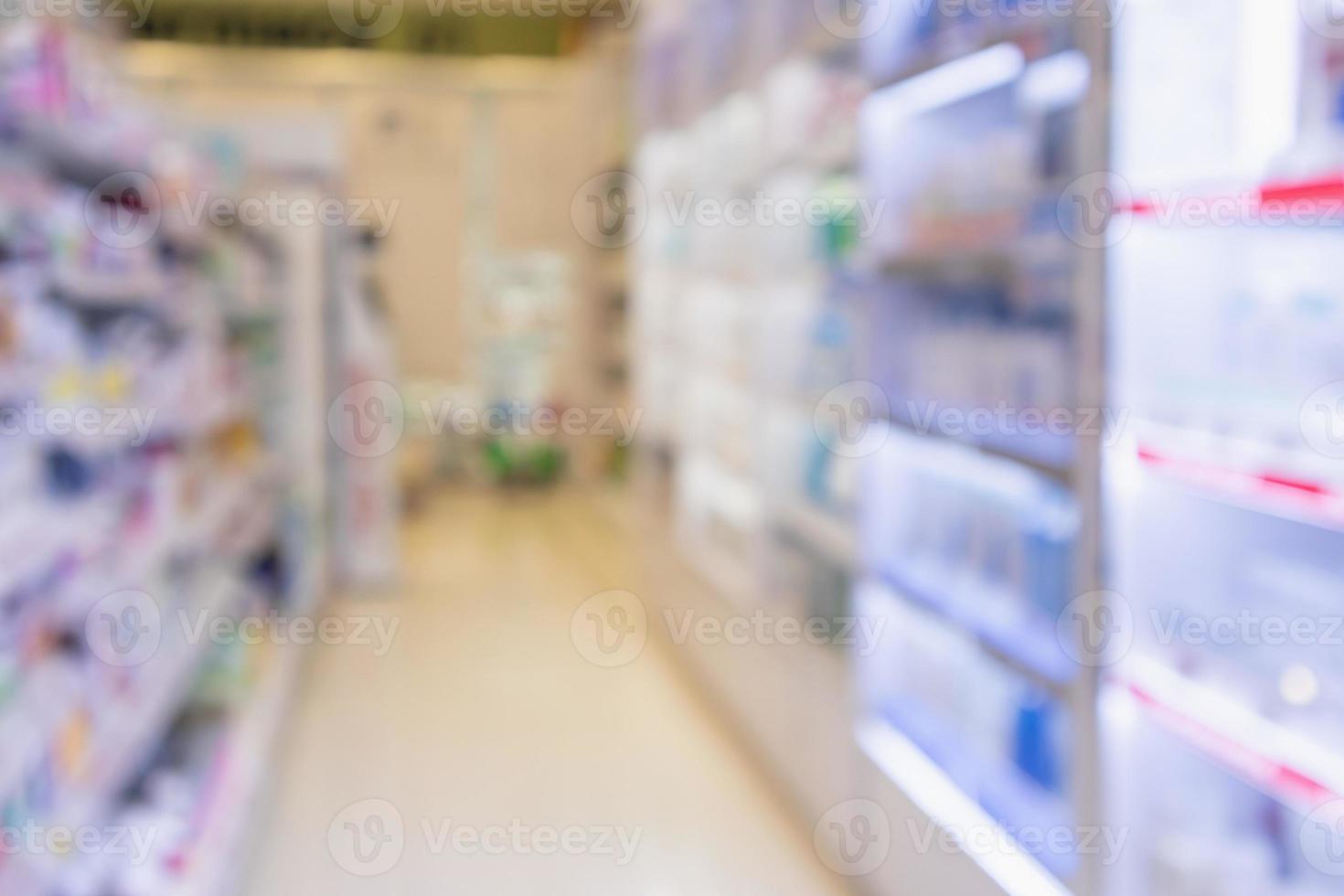 Pharmacy drugstore blur abstract background with medicine and vitamin product on shelves photo