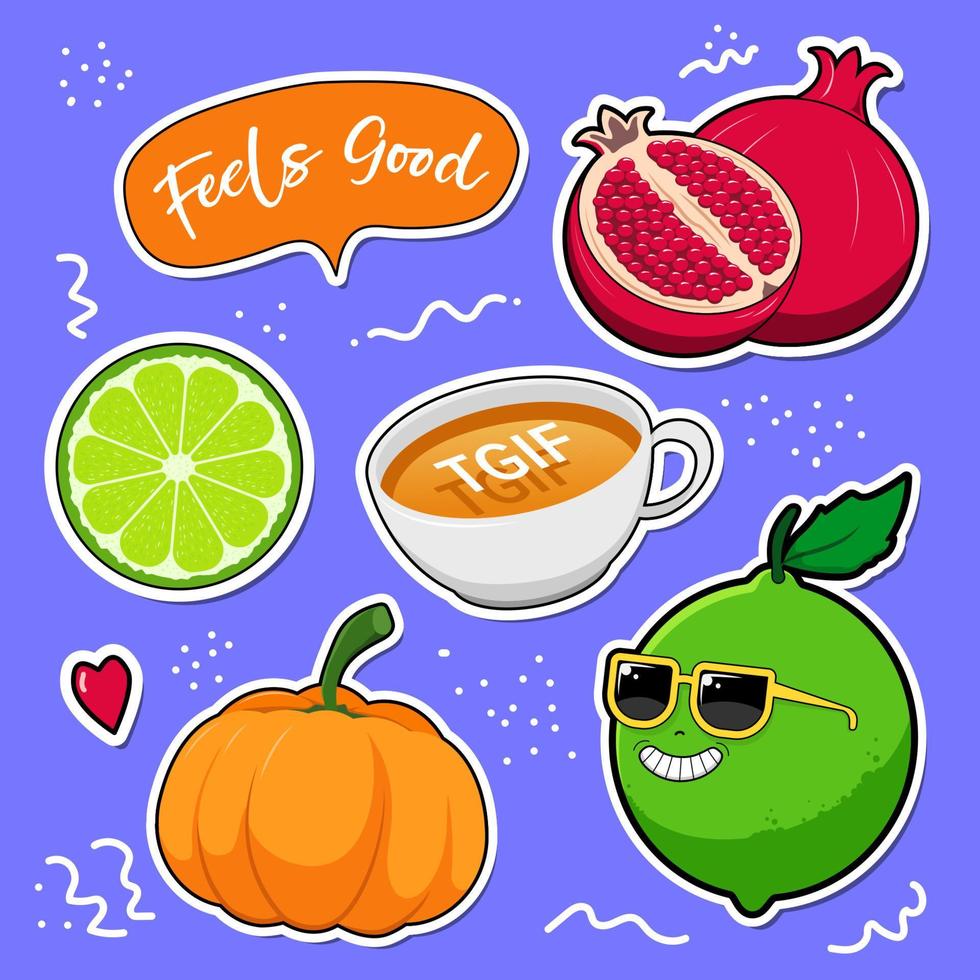 Colorful doodle sticker, healthy food doodle sticker, character, vintage sticker, fruits, vegan vector