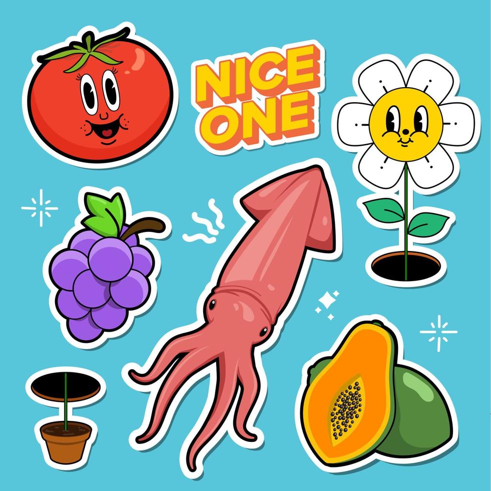pegatina de doodle colorido, pegatina de doodle de alimentos saludables, personaje, pegatina vintage, frutas, vegano vector