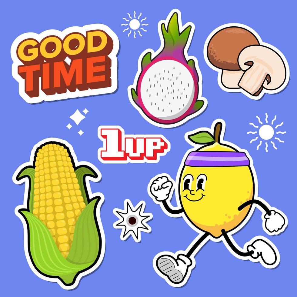 Colorful doodle sticker, healthy food doodle sticker, character, vintage sticker, fruits, vegan vector