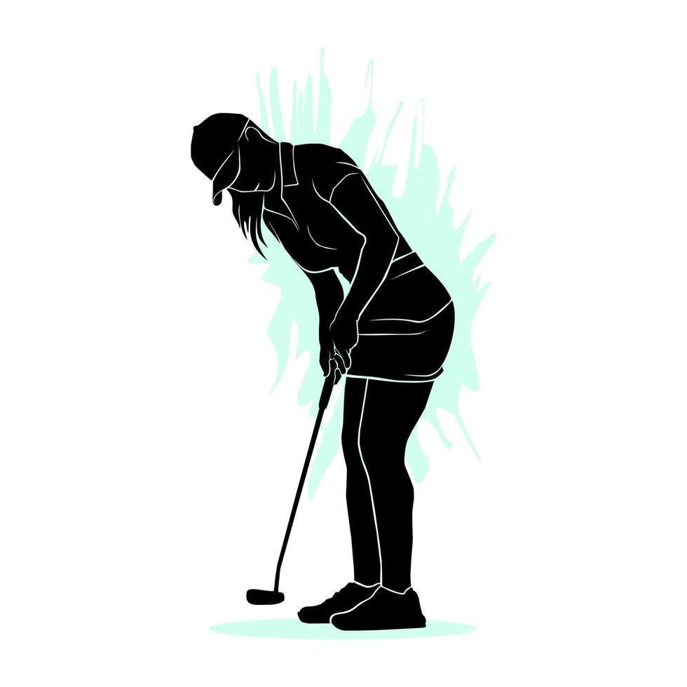 Female golfer hitting the ball isolated on a white background. Vector illustration