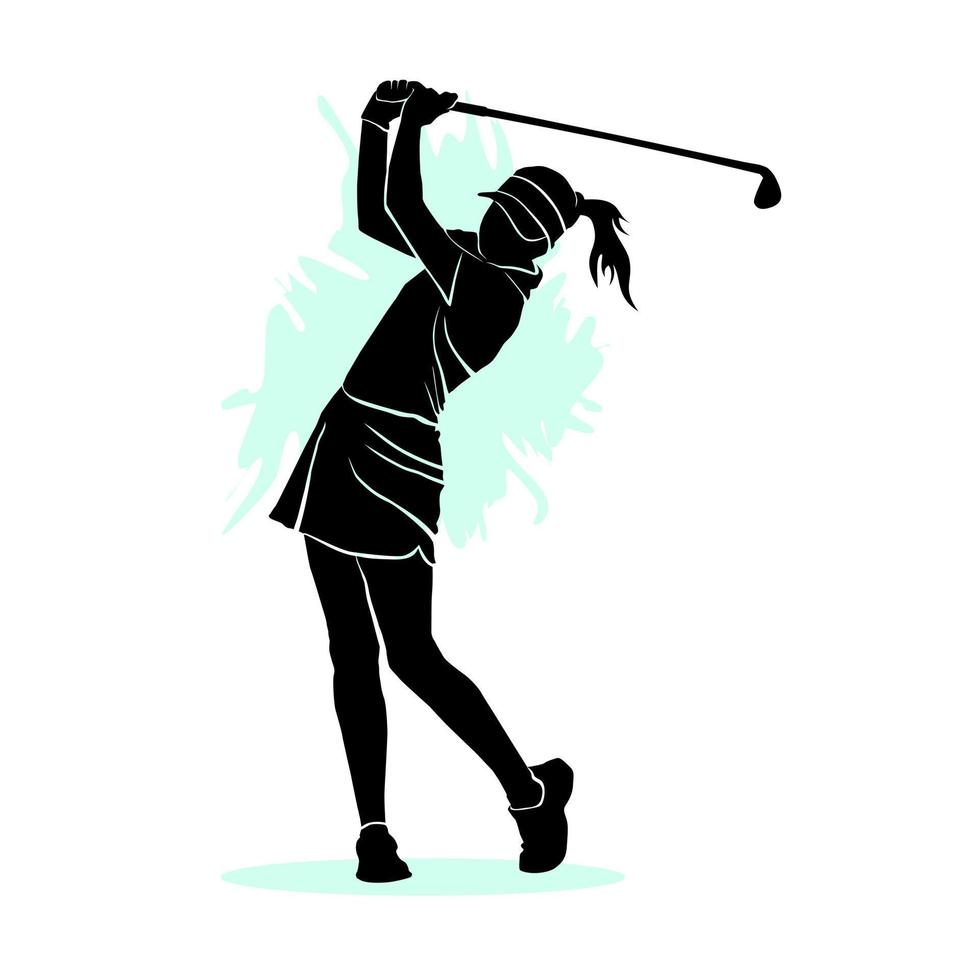 Silhouette of female golfer hitting ball. Vector illustration