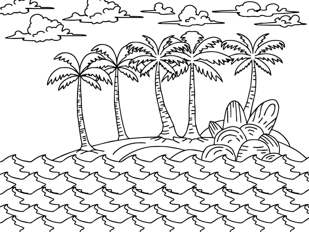 esquema de paisaje de playa de diseño de impresión para colorear página o elemento vector