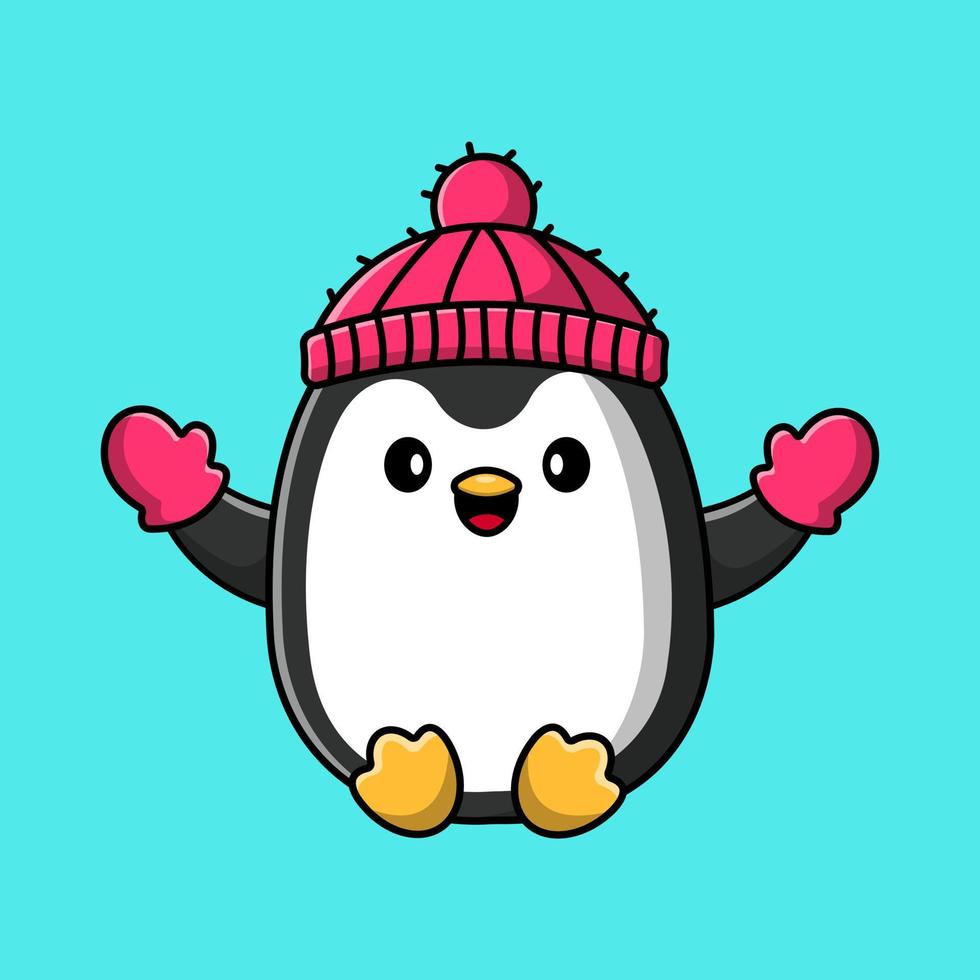 lindo pingüino con guante y sombrero ilustración de icono de vector de dibujos animados. concepto de dibujos animados plana