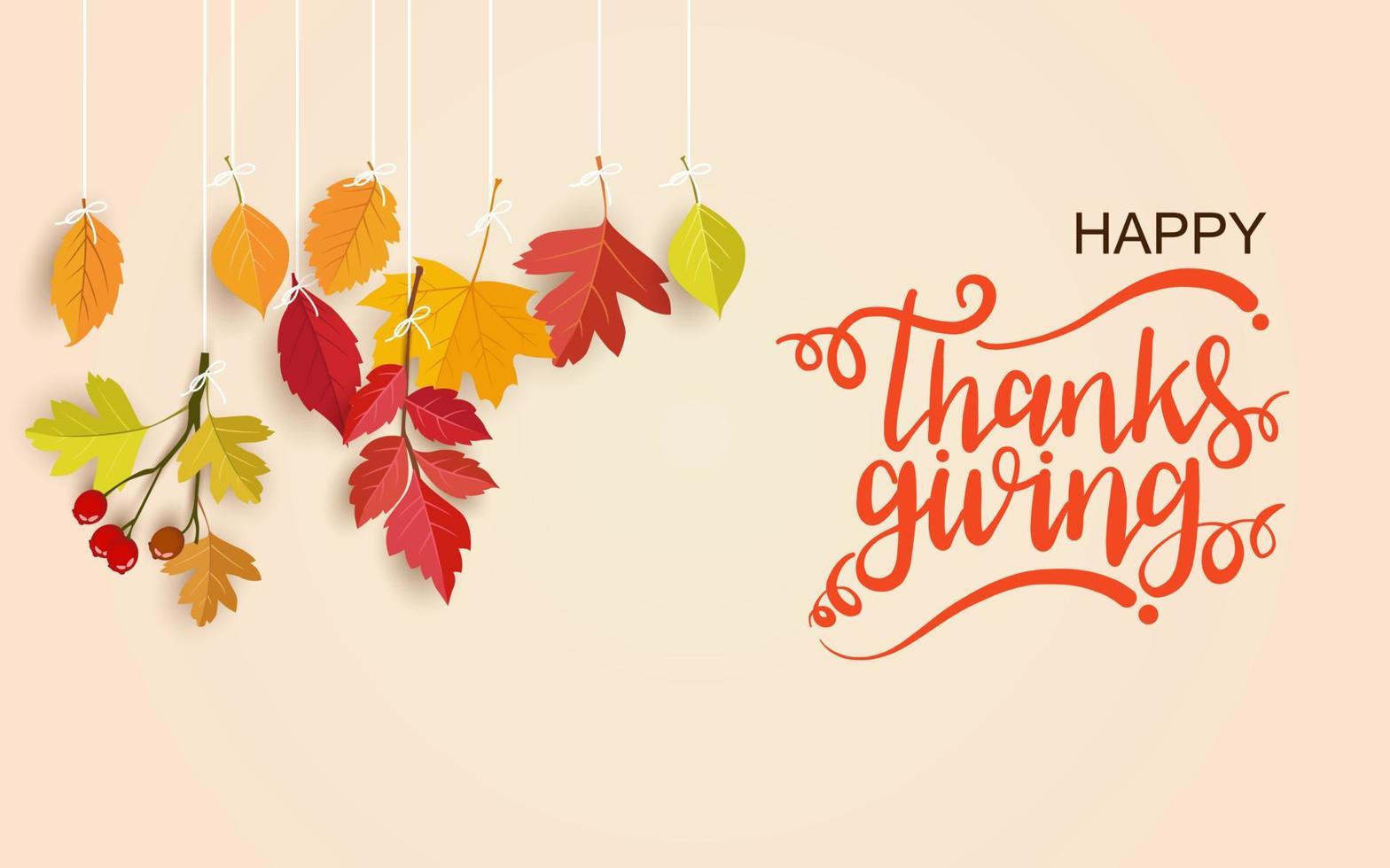 happy thanksgiving day. beautiful lettering with hanging dry leaves. background, card, banner and poster design. vector