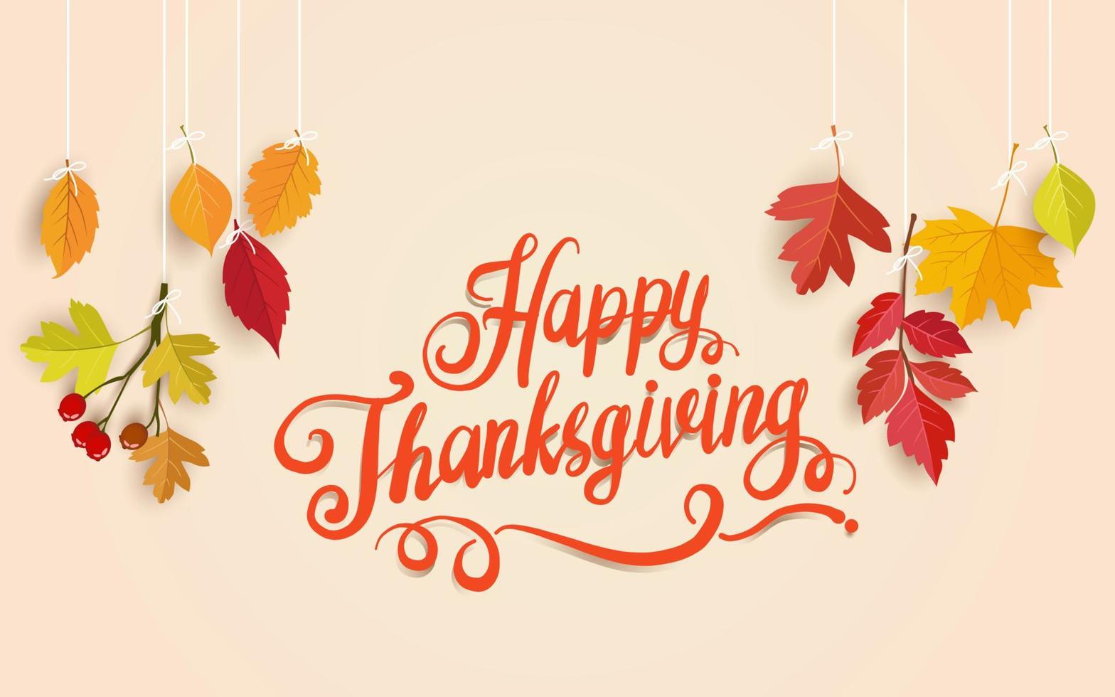 happy thanksgiving day. beautiful lettering with hanging dry leaves. background, card, banner and poster design. vector
