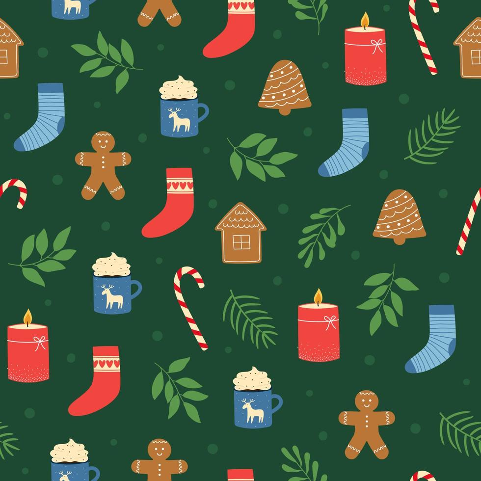 Christmas seamless pattern. Cute colorful winter elements on green background vector