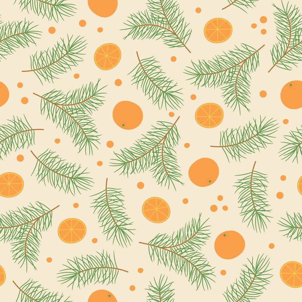 Seamless pattern with pine twigs and oranges on pink background. Good for fabric, wallpaper, packaging, textile, web design. vector