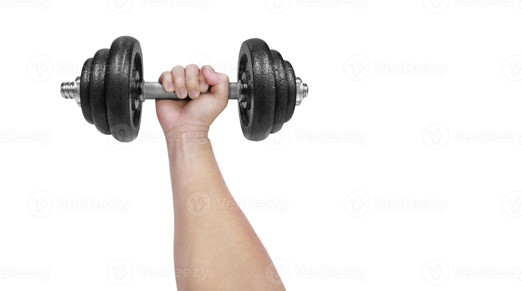 hand holding black dumbbells isolated on white with text input area photo