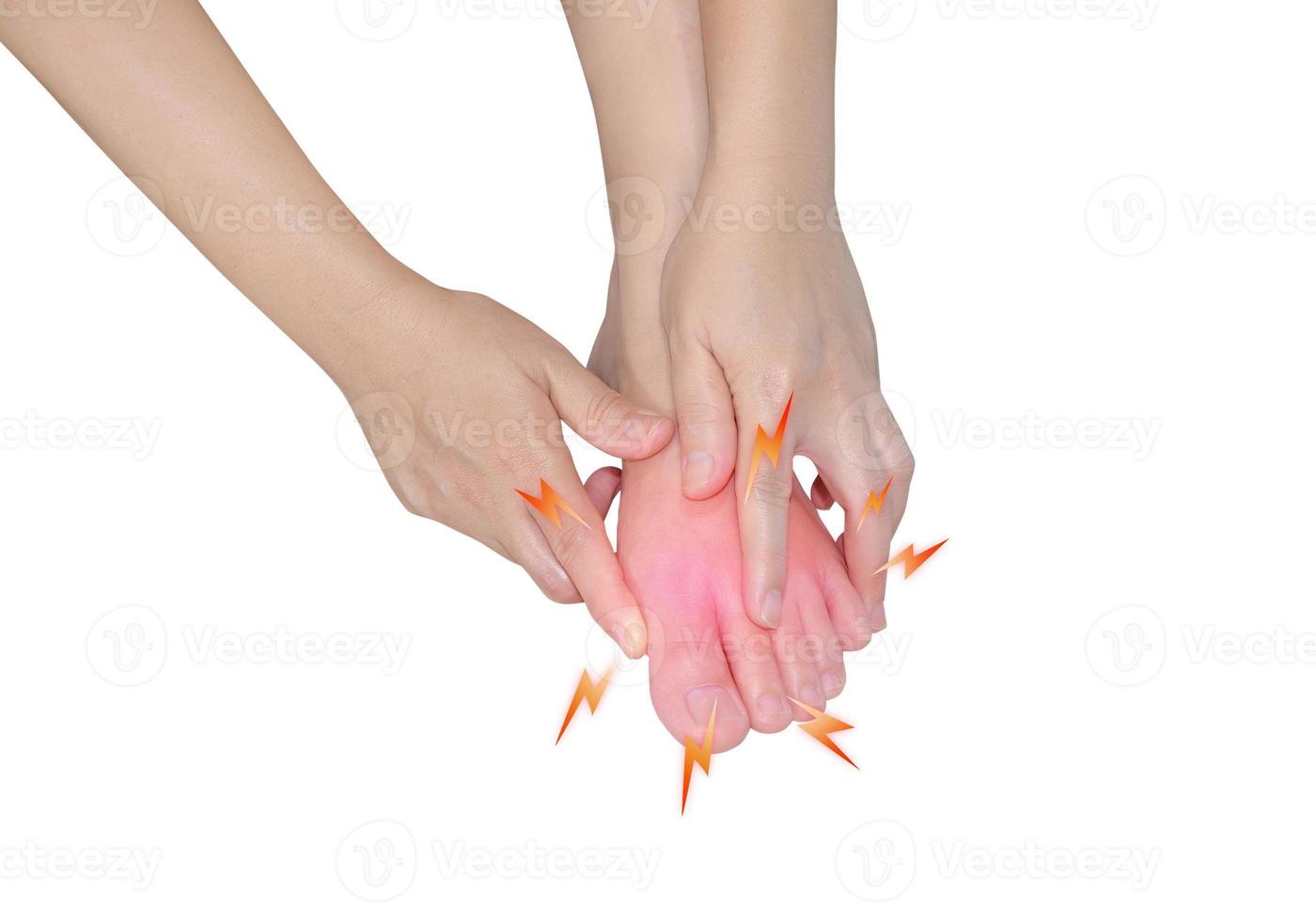 Foot pain, young woman raising her feet, foot massage, cramping, muscle spasm, focus on red feet, isolated on white pain concept photo