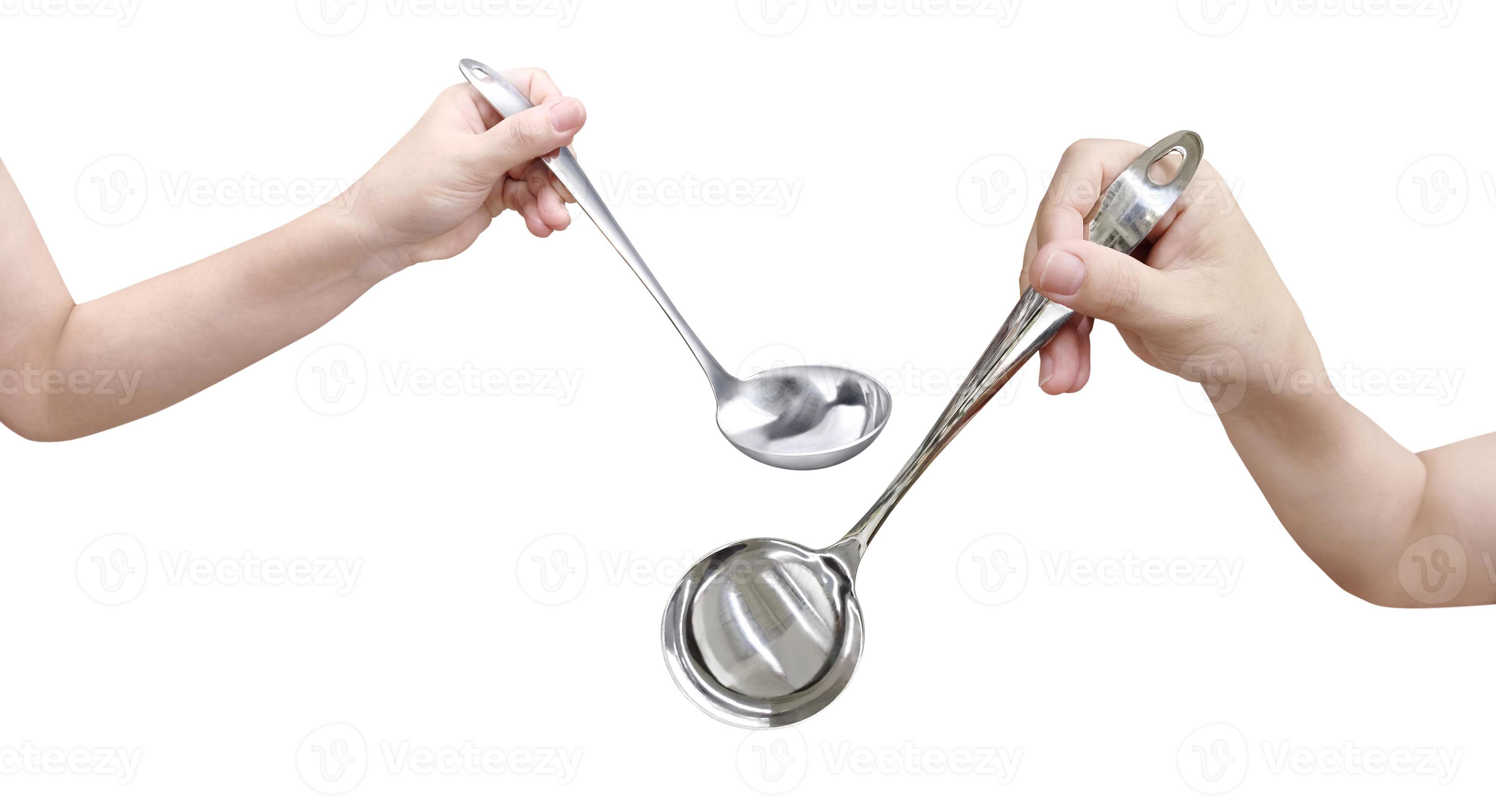 woman holding stainless steel ladle isolated on white background