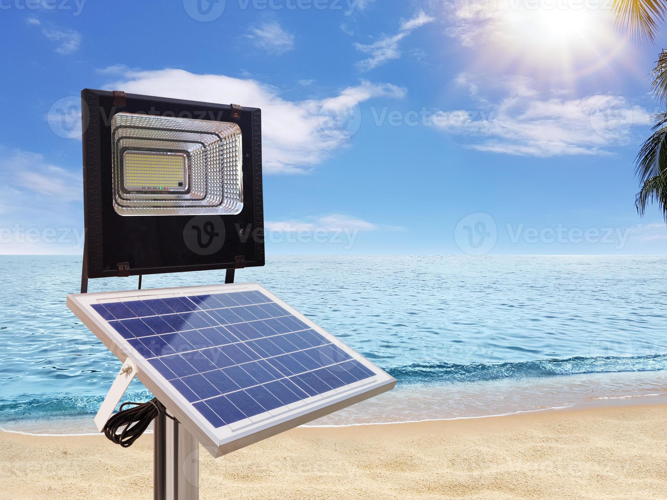 Photovoltaic spotlights use solar energy. by the sea beach pure energy