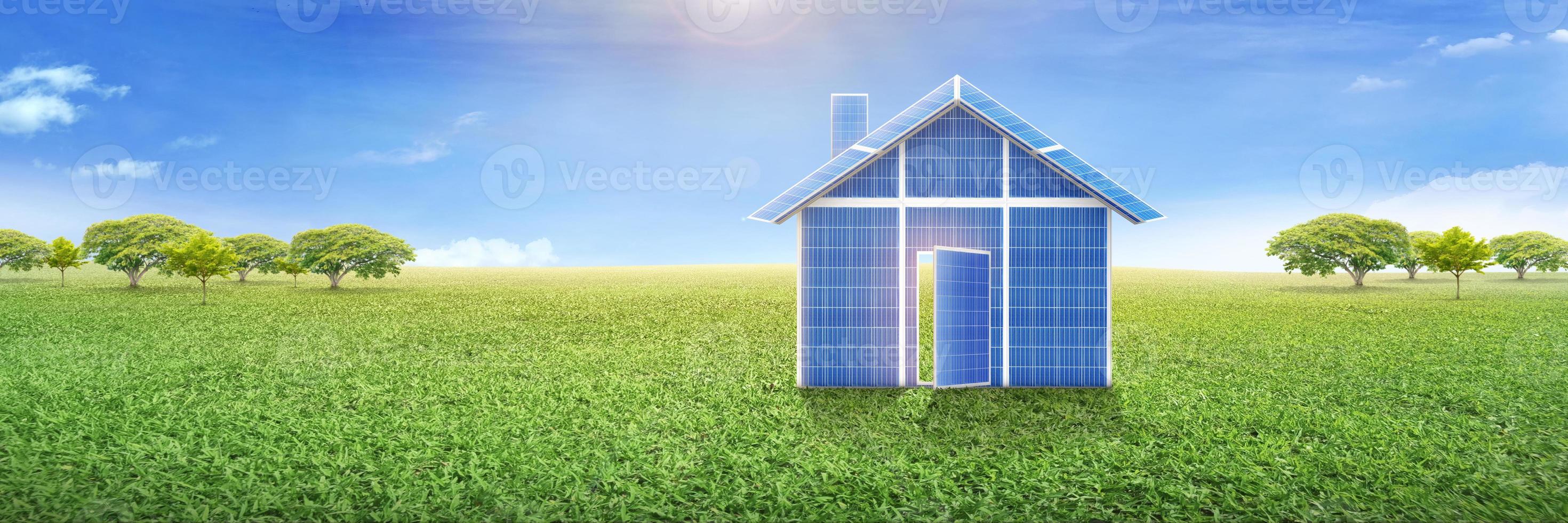 Solar panels and blue sky, solar panels, solar generator systems. Clean technology for a better future. photo