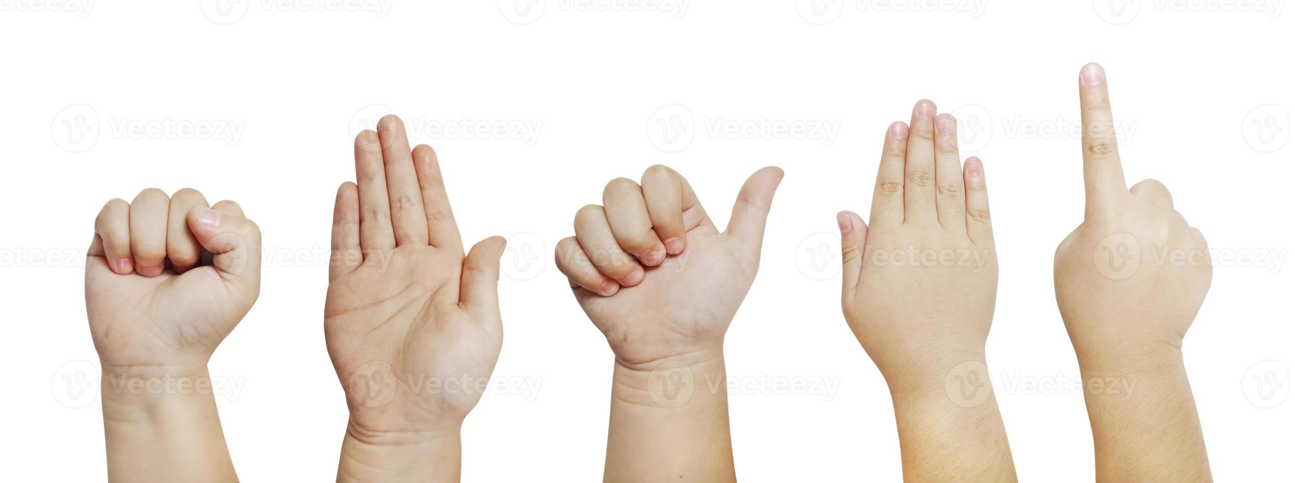 Pictures of Asian children's hands in various gestures isolated on a white background photo