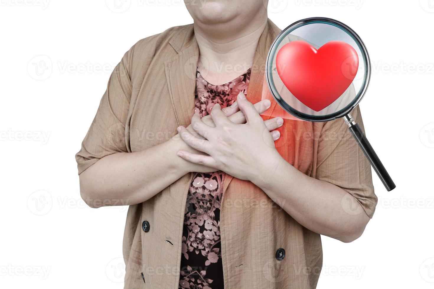 Heart-shaped magnifying glass of a woman holding her hand on her chest is having a heart attack. isolated on a white background photo