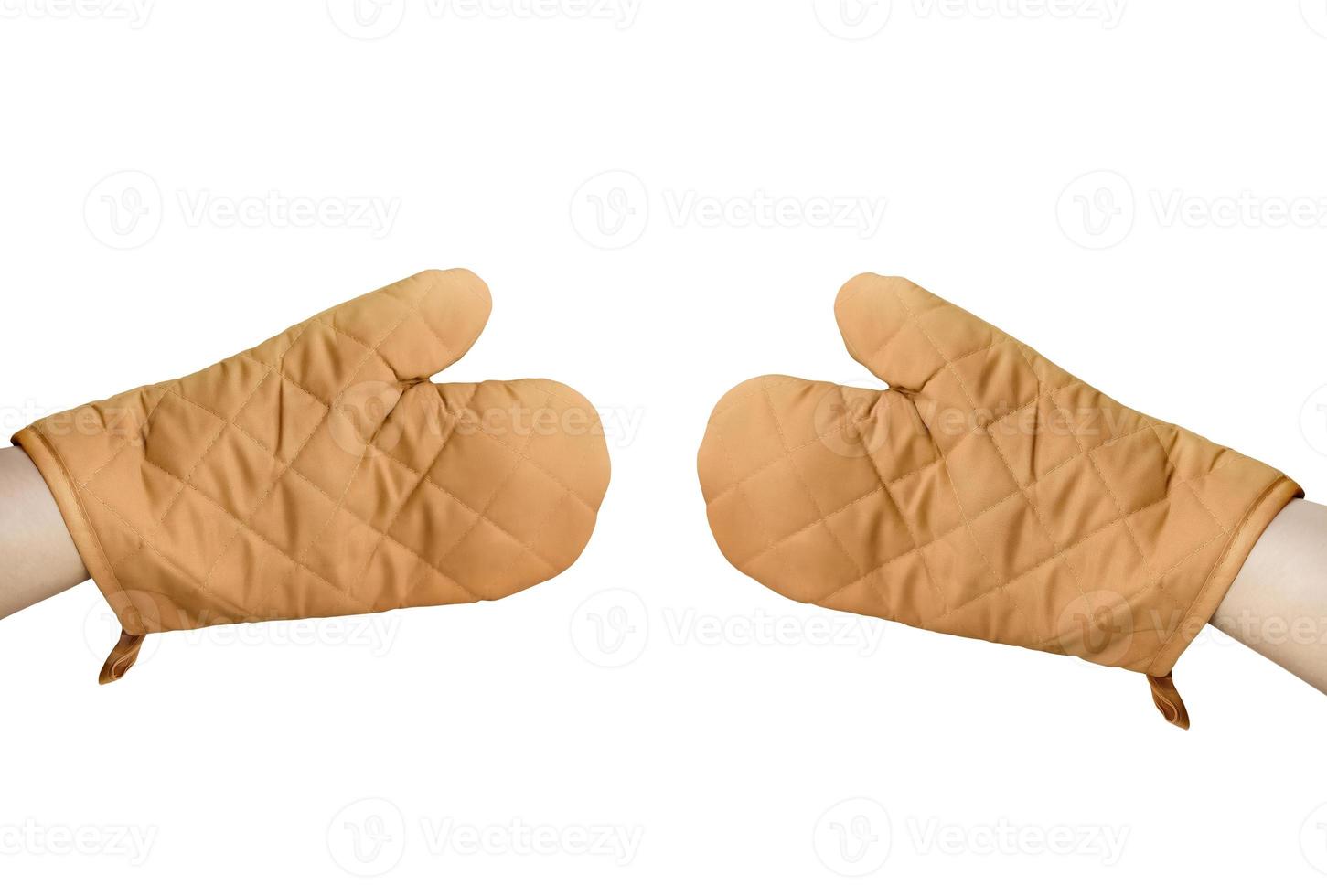 Hand with brown oven glove mitt isolated on white background photo