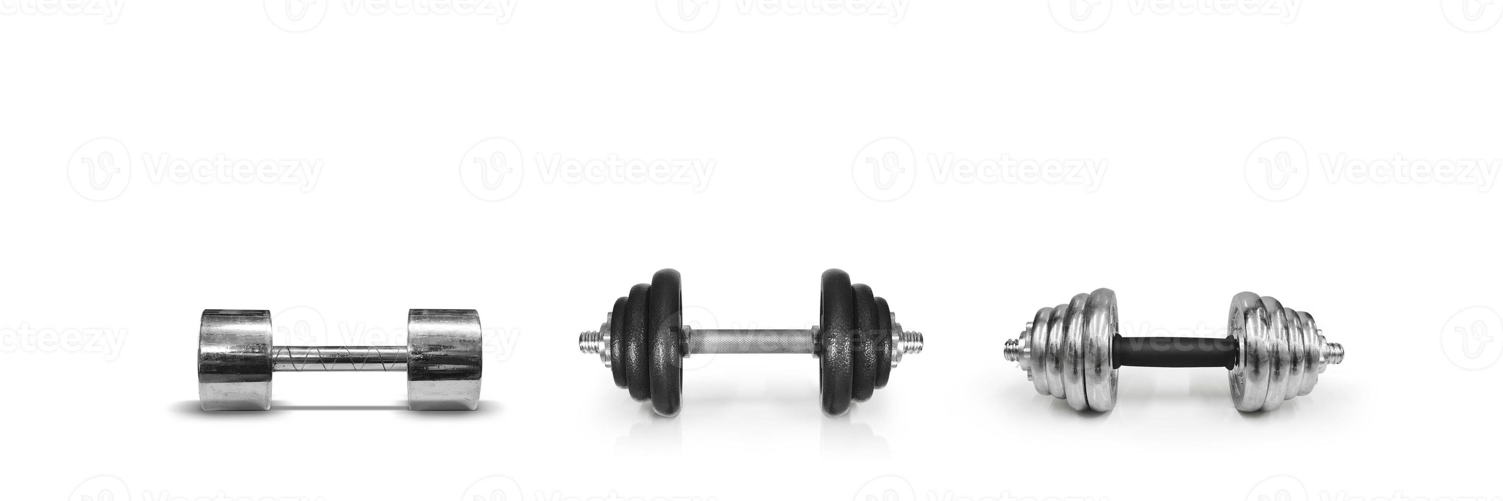 Metal dumbbells on a white background. Gym, fitness and sports equipment symbols. text input area photo