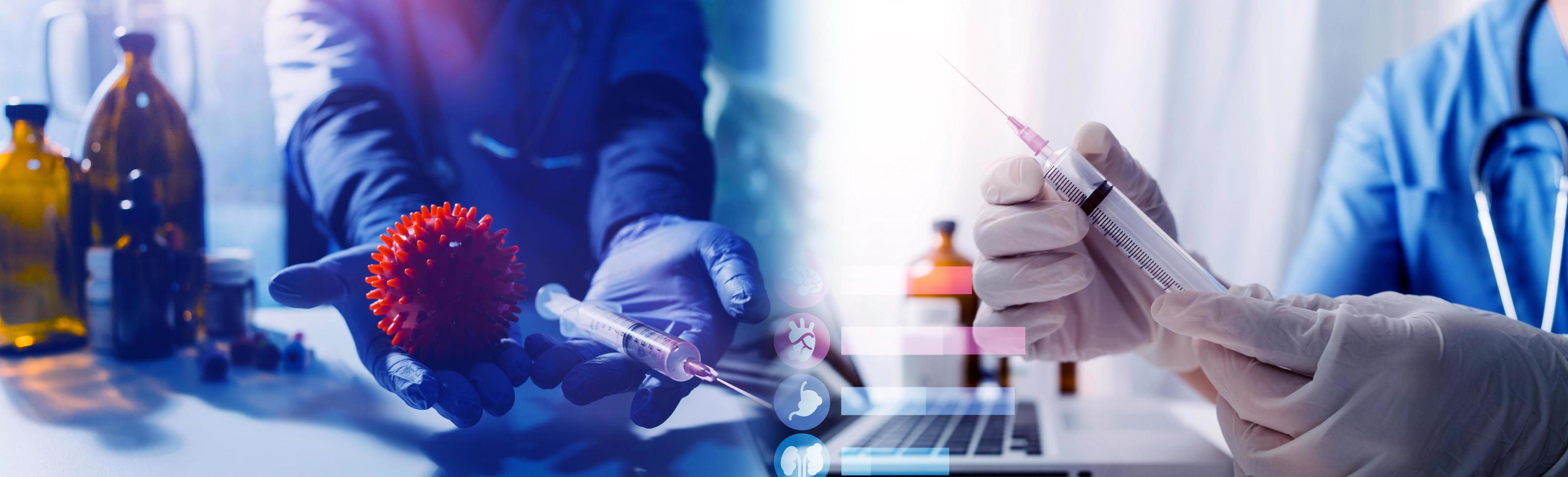 Double exposure of technology healthcare And Medicine concept. Doctors using digital tablet and modern virtual screen interface icons panoramic banner, blurred background. photo